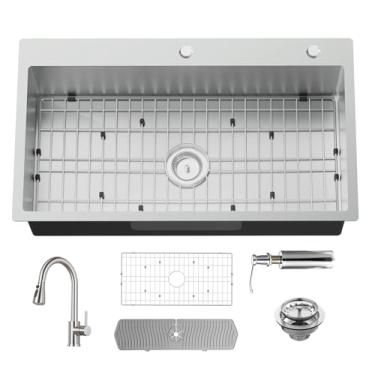 Imagem de Pia de cozinha de aço inoxidável de 83 x 48 cm com torneira - Drop In Modern Single Bowl Topmount Kitchen&Bar Sink Combo com torneira, grade SS, tapete de silicone, conjunto de filtro de drenagem