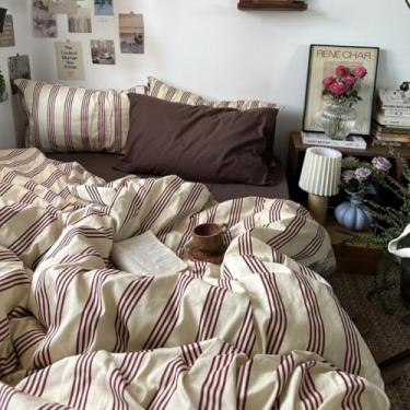 Imagem de Bildenly Conjunto de capa de edredom listrado, tamanho Queen, listras marrom-avermelhadas, retrô, estampa de listras verticais, macio, respirável, conjunto de cama de microfibra com fecho de zíper e 2
