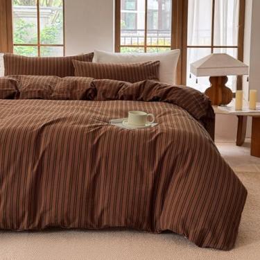 Imagem de BESTDESIL Conjunto de capa de edredom listrado 100% algodão lavado, como roupa de cama macia e respirável (laranja queimado/faixa preta, casal)