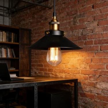 Imagem de Luminária pendente industrial - Luminária vintage preta e dourada, com cabo ajustável e compatível com lâmpadas Edison, ideal para ilha de cozinha, sala de jantar e quarto.