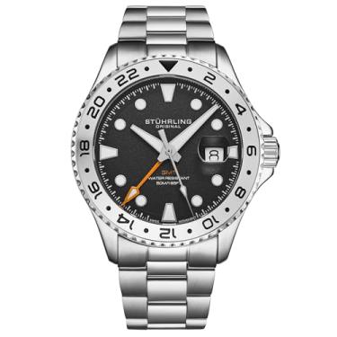 Imagem de Stuhrling Original Relógio masculino Equinox GMT 4077 de quartzo 43 mm GMT – movimento de tempo duplo, bisel bidirecional, pulseira de aço inoxidável, Preto
