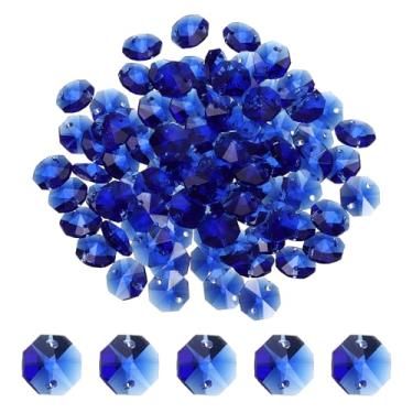 Imagem de YELARXI Contas octógono de vidro de 14 mm, contas de apanhador de sol a granel 2 furos pingentes de apanhador de sol de 1,4 cm e 120 peças e azul para (artesanato de artes/reparo de lustre de cristal