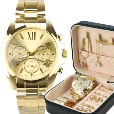 Imagem de Relogio Feminino Banhado Aço + Porta Joia + Pulseira Original Qualidade Premium Social Prova Dagua