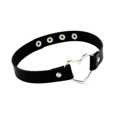 Imagem de Colar Gótico Feminino Preto De Couro Punk Com Coração, Cadeado E Espin