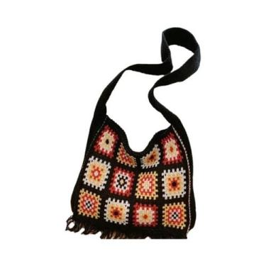 Imagem de Bolsa De Crochê Granny Square Colorida Em Bege E Azul, Estilo Boho Chi