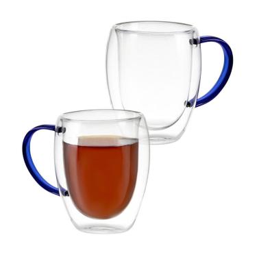 Imagem de Kit 2 Xícaras Em Vidro Borossilicato Parede Dupla 350ml Azul