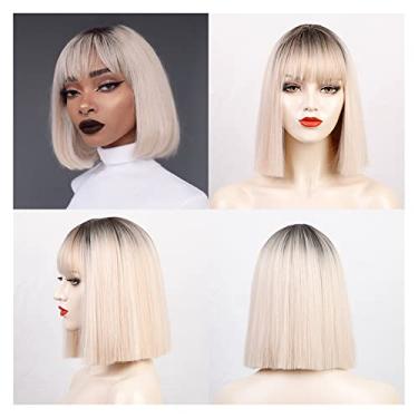 Imagem de Perucas femininas sintéticas perucas curtas retas com franja para mulheres, preto, rosa, roxo, vermelho, natural, cabelo humano (cor: 19, comprimento esticado: 35,5 cm)