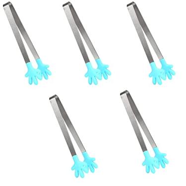 Imagem de Conjunto de 5 peças 13 cm mini pinças de aço inoxidável multifuncional com alça de silicone colorida para pasta de alimentos de cozinha e alça em forma de dedo (Azul)