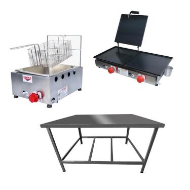 Imagem de Kit Lanchonete Mesa de Manipulação 100x55cm + Fritadeira a Gás 1 Cuba + Chapa a Gás 60cm Alcamar