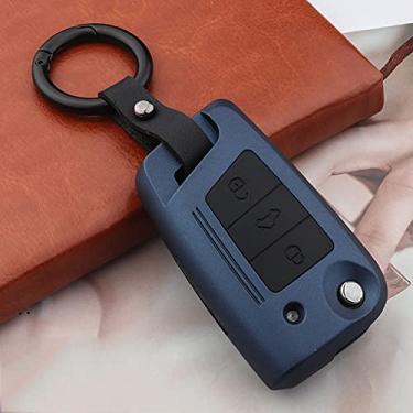 Imagem de CSHU Carcaça de silicone de carbono para chave de carro Capa de chaveiro com anel de bolsa, adequado para Volkswagen VW Golf 7 MK7 Seat Ibiza Leon FR 2 Altea Aztec Skoda Octavia, B, azul