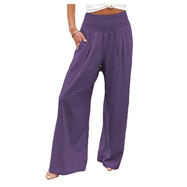 Imagem de bestgift Calça feminina de linho de algodão plus size perna larga cintura elástica, Roxa, 3G