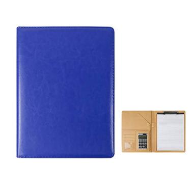 Imagem de Yajun Pasta de arquivos de couro PU com calculadora multifuncional organizador de materiais de escritório almofadas de documentos pasta de conferência para viagem de negócios, azul