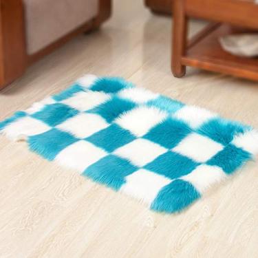 Imagem de Tapete de área falsa xadrez felpudo lavável tapete de pilha longa antiderrapante protege o chão para sala de estudo banheiro varanda quarto infantil sofá cadeira, azul, 60 * 180 cm