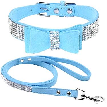 Imagem de Pimaodog Lindo deslumbrante cintilante elegante elegante camurça macia couro brilhante strass cristal jóias gato cão cão coleira conjunto combo coleira cão coleira P (pescoço 25-31,7 cm), azul-claro)