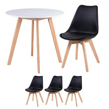 Imagem de Loft7, KIT - Mesa redonda Leda 80 cm branco + 3 cadeiras estofadas Leda preto