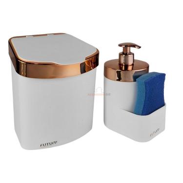 Imagem de Kit Lixeira 2,5L Dispenser Porta Detergente Líquido Esponja Para Pia Cozinha Branco Rose Gold - Future