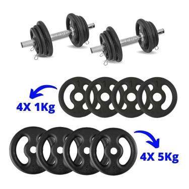 Imagem de Kit de Anilhas Ferro Fundido 24KG + barras 40cm - (4x 5Kg) - (4x 1Kg)-Unissex