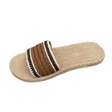 Imagem de Sandálias de dedo aberto respiráveis para mulheres moda verão cor combinando pano aberto dedo aberto grama tecido inferior plana chinelos (café, 6,5)