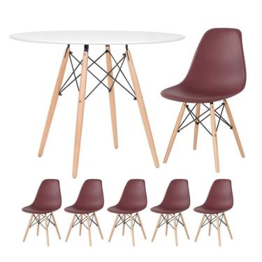 Imagem de Mesa Redonda Eames 100cm Branco + 5 Cadeiras Marrom