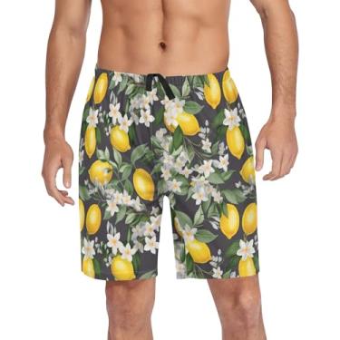 Imagem de CHIFIGNO Calça de pijama masculina, calça de pijama masculina leve com bolsos e cordão, Lindas flores brancas, limões amarelos, GG