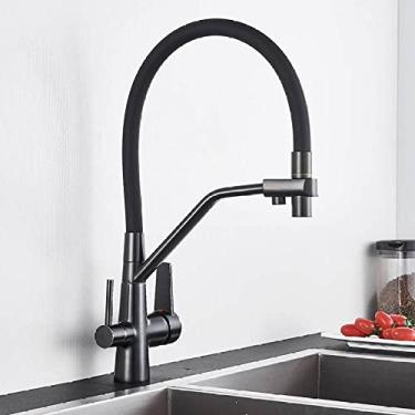 Imagem de Torneira de cozinha com filtro de latão preto Água pura 360 Guindaste giratório com alça dupla Purificação de cozinha Torneira misturadora de água potável quente e fria, preto fosco B