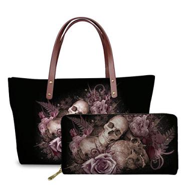 Imagem de JEOCODY Bolsa feminina com alça superior bolsa de compras de ombro bolsa carteira longa para presente bolsas femininas conjunto de 2, Crânio roxo floral, One Size