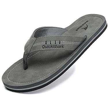 Imagem de Quickshark Chinelo masculino de couro, tanga de couro, suporte de arco, chinelos de praia, Cinza, 46