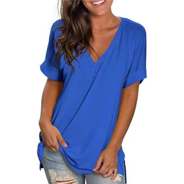 Imagem de Camisetas casuais femininas de manga curta com manga cavada casual verão gola V dividida túnica camisetas soltas verão, Azul, XXG