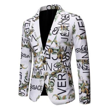 Imagem de Blazer masculino casual, estampado, gola lapela, casaco, casaco casual com um botão, Branco, 4G