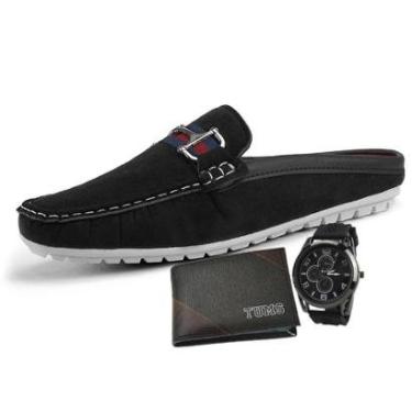 Imagem de Mocassim Mule Masculino Em Camurça Preto LA FAIRE Com Carteira Slim TUMS e Relógio-Masculino