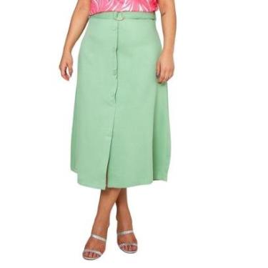 Imagem de Saia Midi Feminina Plus Size com Cinto Fenda Frontal Botões em Linho com Elastano Elegante Casual-Feminino