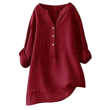 Imagem de Camisa feminina de linho, abotoada, 2024, casual, verão, gola V, manga comprida, cor sólida, túnica, blusa solta para trabalho, Z05-vermelho, XXG