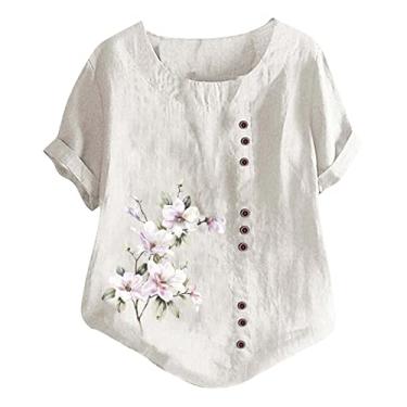 Imagem de Camiseta feminina de linho, estampa floral, caimento solto, gola redonda, botões, camiseta de verão, Branco, XXG