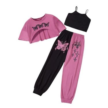 Imagem de COZYEASE Conjunto de 3 peças para meninas, estampa de borboleta, bainha alta e baixa, camiseta de manga curta e calça de moletom folgada com blusa, Rosa, preto, 12Y