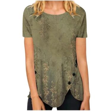 Imagem de Camisetas femininas 2024 verão gola redonda retrô floral gráfico longo bainha irregular solta casual blusas modernas elegantes, Bronze, XG