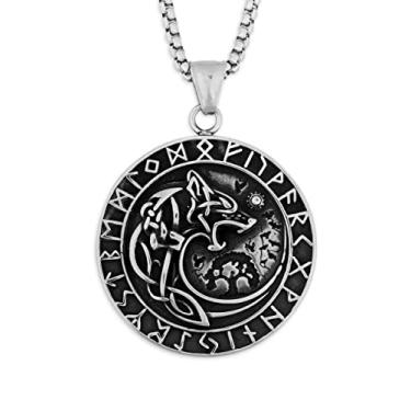 Imagem de HAQUIL Colar de lobo viking, pingente de medalhão de árvore do sol de lobo Fenrir banhado a prata em aço inoxidável, corrente de caixa, presentes de joias vikings