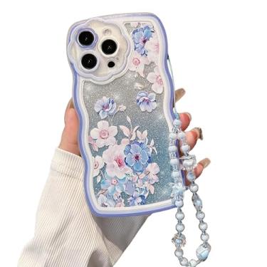 Imagem de FXFOOT Capa para iPhone 15, [Borda ondulada encaracolada confortável aderente] [3 em 1 com pulseira de pulseira de contas e cartolina cintilante] Padrão estético azul violeta floral para mulheres e