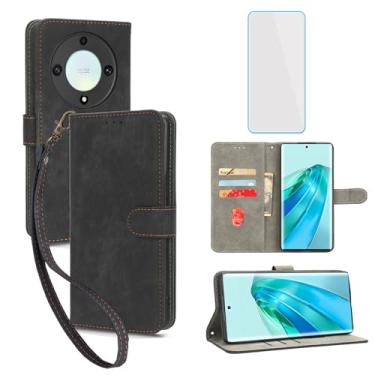 Imagem de IUQXU Capa carteira para celular Honor Magic5 Lite 5G com protetor de tela [bloqueio RFID] capa de celular feminina e masculina com suporte de couro para Honor X9A 5G / X40 5G / Magic 5 Lite 5G preta