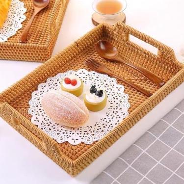 Imagem de SASKATE - Bandeja de Vime para Servir, Retangular, Tecida à Mão, Com Alças, para Café da Manhã, Bebidas, Lanche, Jantar, Mesa de Centro