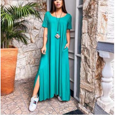 Imagem de Vestido longo gola canoa e fenda lateral - Reginaconfeccao, Azul turqu