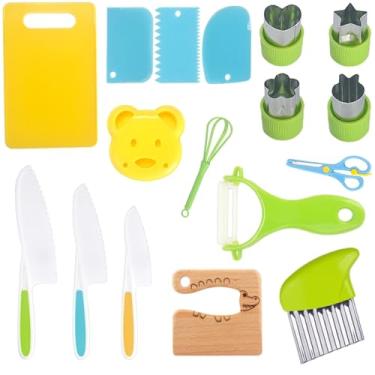 Imagem de Higoney Conjunto de 17 peças de cozinha para crianças, conjunto de facas infantis para cozinhar de verdade, conjunto de facas seguras para crianças com tábua de corte, cortadores de frutas e vegetais,