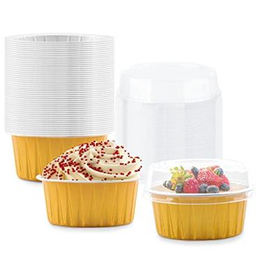 Imagem de Pacote com 50 copos de assar com tampas, copos de cupcake de folha de alumínio forros de muffin, ramekins, suportes de cupcake, recipientes de sobremesa, mini copos de pudim para aniversário, Natal (ouro)