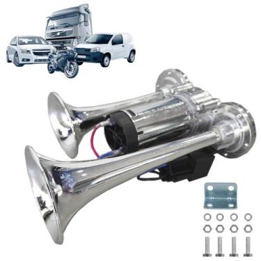 Imagem de Buzina 2 Cornetas Caminhão Trem Carro C/ Rele Compressor 12v - Beeshop