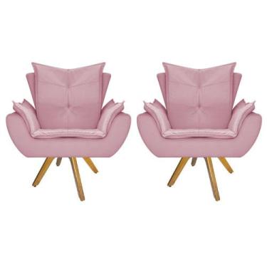 Imagem de kit 02 Poltrona Cadeira Fenzzi Base Giratória de Madeira Suede Rosa Be