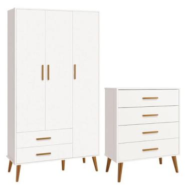 Imagem de Comoda Gaveteiro e Guarda Roupa Isis Retrô 3 Portas 2 Gavetas Branco F