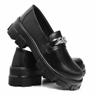 Imagem de Mocassim Feminino Tratorado Corrente Preto Verniz Confortável Top - Lo