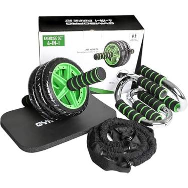 Imagem de Conjunto de exercícios 4 em 1 com exercícios de roda abdominal, barras push-up, faixas de resistência, joelheira