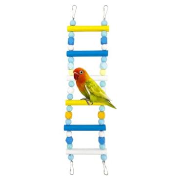 Imagem de Escada de escalada de madeira, contas de madeira coloridas, escada de escalada, periquito, brinquedo de pássaro com gancho para pendurar (azul, 6 degraus)