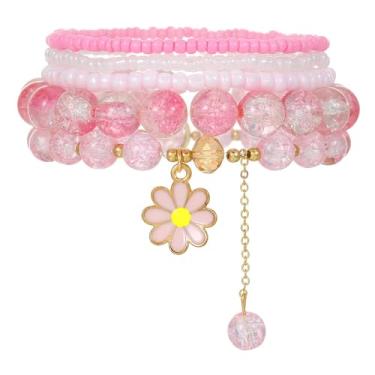Imagem de SCRDPRAD Pulseira feminina feita à mão com contas de cristal de margaridas coloridas empilháveis com contas de sementes de flores, pulseiras elásticas, joias boho, presentes de aniversário e férias,