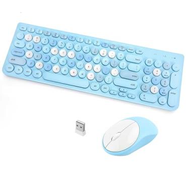 Imagem de Combo de teclado e mouse sem fio, teclado de máquina de escrever retrô com teclas redondas, USB de 2,4 GHz, lindo mouse sem fio para computador, desktop, laptop (azul colorido)